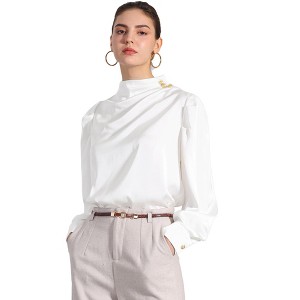 Allegra K Women's Satin Mock Neck Pleated Puff Sleeve Blouse - 1 of 4