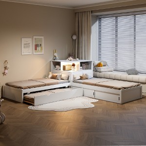 Twin Size L-Shaped Platform Bed Frame Corner Bed with Desk, Trundle & LED Light - ModernLuxe - 1 of 4
