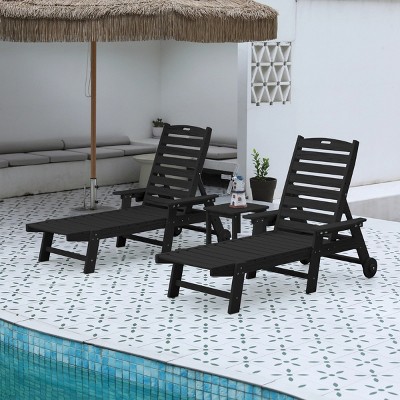 Outdoor Furniture Set,2 Outdoor Chaise Lounge With 1 Side Table,Patio Recliner With Wheels And Cup Holder,Patio Recliner For Poolside-Cuddlewood