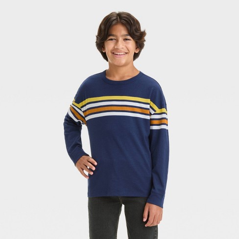 Blue and yellow striped long sleeve shirt sales