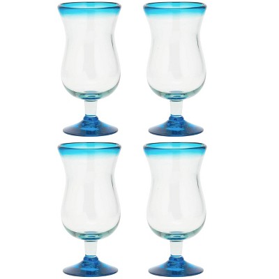 Amici Home Baja Authentic Mexican Handmade Hiball Glasses, Set of 6,  16-Ounce, Vibrant Color Rim, Set of 6,Aqua Rim