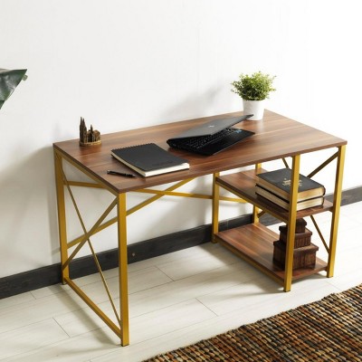 INFURNIC Desks Morello Writing Desk with Gold Metal Frame and 2 Shelves for Stylish Home Office Storage, Black, 25"*47"*28"