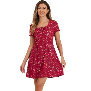Allegra K Women's Printed Summer Casual Square Neck Short Sleeve Fit and Flare Dress - 1 of 4