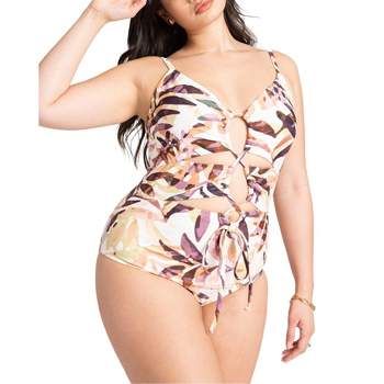 ELOQUII Women's Plus Size Angled Lace-Up Detail One Piece