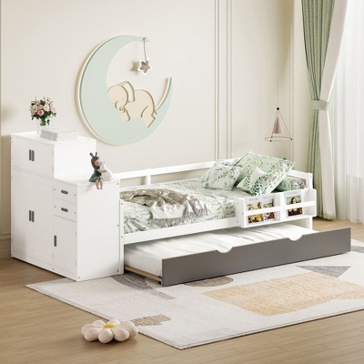 NicBex Twin Size Multifunctional Wood Platform Bed, Trundle Bed with Sample Bookshelf and Movable Wardrobe, Space-Saving Design for Bedroom