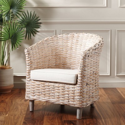 Natural White Wash Rattan Barrel Accent Chair with Cushion