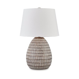 Signature Design by Ashley Darrich Metal Table Lamp, Distressed Beige & White, 15" Tall, Modified Drum Shade - 1 of 4