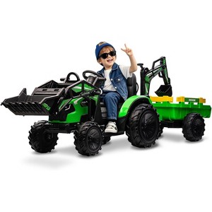 24V Ride on Toy for Big Kids, Excavator Bulldozer, Battery-Powered Electric Vehicle w/Trailer, Remote Control, LED Lights - 1 of 4