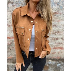 Women's Turn-Down Collar Flap Pockets Snap Button Faux Suede Jacket - 1 of 2