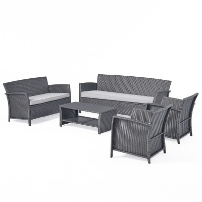 Christopher Knight Home Lucia Outdoor Wicker 7 Seater Chat Set with Cushion, Gray/Light Gray
