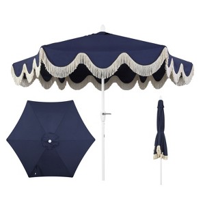 JONATHAN Y Collins 9 ft. Classic Cottage Tassel Market Patio Umbrella with Auto-Tilt, Crank, Wind Vent and UV Protection - 1 of 4
