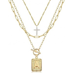 Layered Initial Necklace for Women, 14K Gold Plated Letter Pendant with Cross Charm, Paperclip Chain Choker Jewelry - 1 of 4
