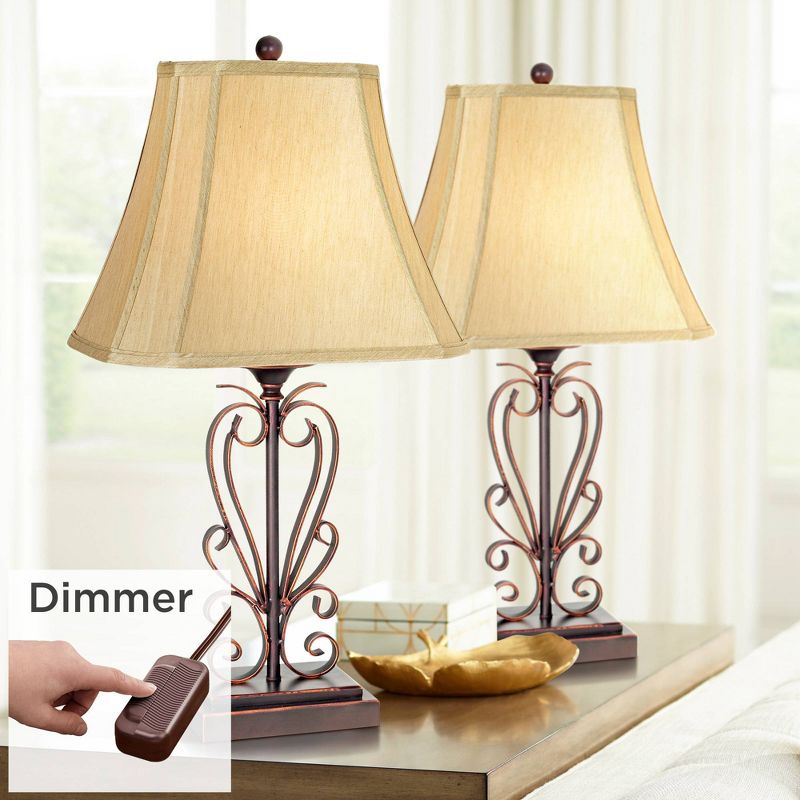 Franklin Iron Works Traditional Table Lamps 26.5" High Set of 2 with Table Top Dimmers Bronze Copper Scroll Faux Silk Shade for Living Room, 2 of 10