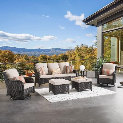 XIZZI Wicker Patio Furniture Set with 3-Seat Sofa, Swivel Rocking Armchairs & Ottomans & Side Table, Modular Sectional Outdoor Conversation Sofa Set