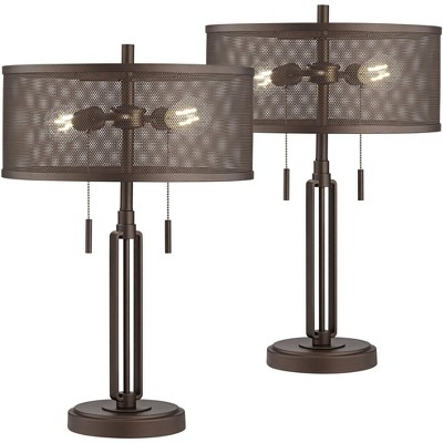 Franklin Iron Works Industrial Rustic Accent Table Lamps Set of 2 LED Edison Bulb Brown Metal Mesh Shade for Living Room Bedroom