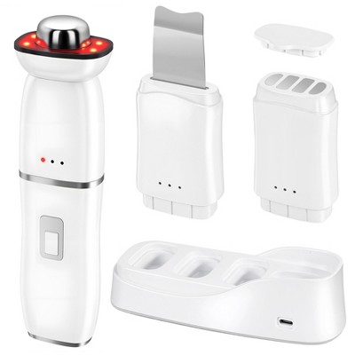 Multifunctional Facial Device 6-in-1 - Ultrasonic Skin Scrubber RF EMS LED Light Therapy Wand - Face Tightening Tool for Women - White
