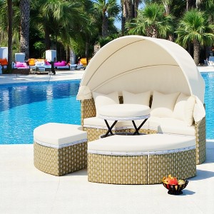 Outdoor Round Daybed with Retractable Canopy,Adjustable Table,Wicker Sectional Sofa with Cushions & Pillows,Patio Lounge Set-Beige - 1 of 4