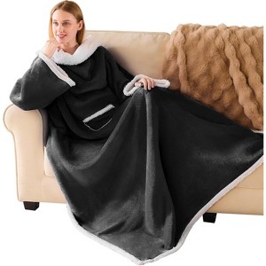 FAAYFIAN Faux Shearlin Wearable Blanket with Sleeves, Full Body TV Wrap Hoodie Blanket with Pocket, One Size for Women & Men, Black - 1 of 4