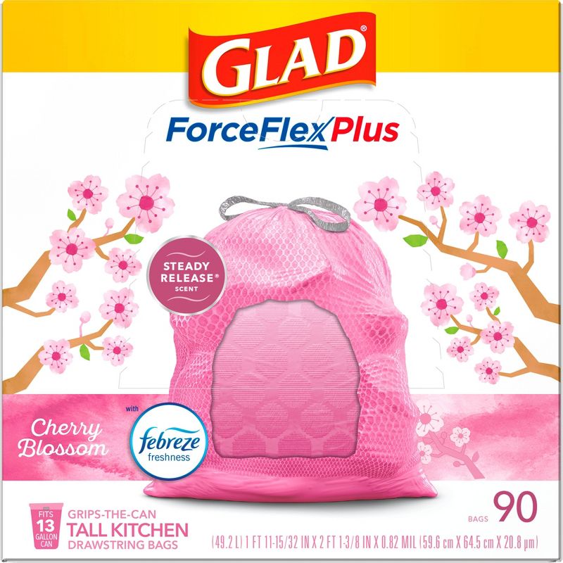Glad ForceFlex MaxStrength Tall Kitchen Drawstring Pink Trash Bags - Cherry Blossom - 13 Gallon, 5 of 18