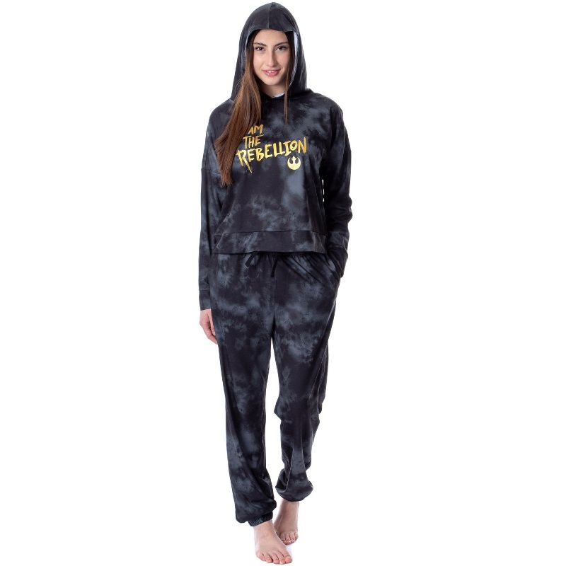 Star Wars I Am The Rebellion Womens' Pajama Cropped Hooded Jogger Set Black, 1 of 5