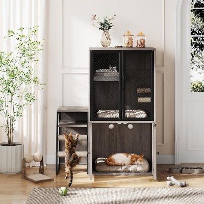 Cat Litter Box Enclosure, Double Cat House with Storage, Enclosed Litter Box Furniture with Ladder