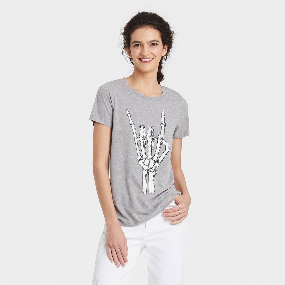 XL, Women's Halloween Skeleton Rocker Short Sleeve Graphic T-Shirt - Gray 