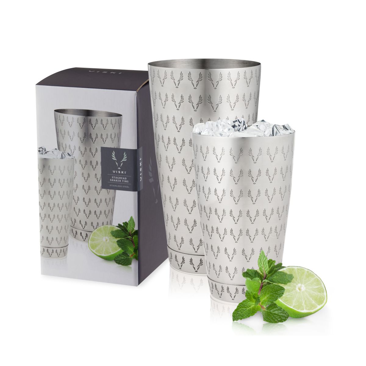 Viski Staghead Boston Shaker Tins, Stainless Steel Cocktail Shaker for Espresso Martini, Margarita, Wedding Gifts, Home Bar, 28 oz & 18 oz, Silver