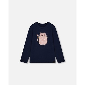 Deux par Deux Girl Organic Cotton T-Shirt Dark Blue with Cat - 1 of 4