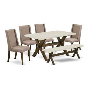 HomeStock 6-Pc Rectangle Distressed Jacobean Finish Solid Wood Top Dining Table with 1-Bench, 4-Chairs - 1 of 4