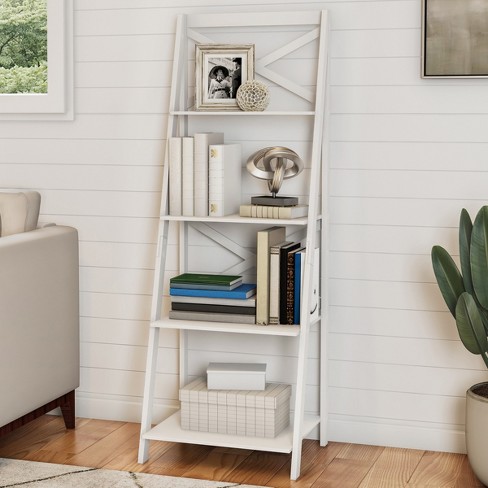 White/Bamboo 3-Tier Bath Leaning Ladder Shelf