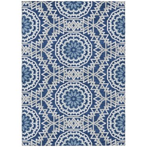 Navy Blue Ivory And Gray Floral Medallion Washable Indoor Outdoor Area Rug - 1 of 4