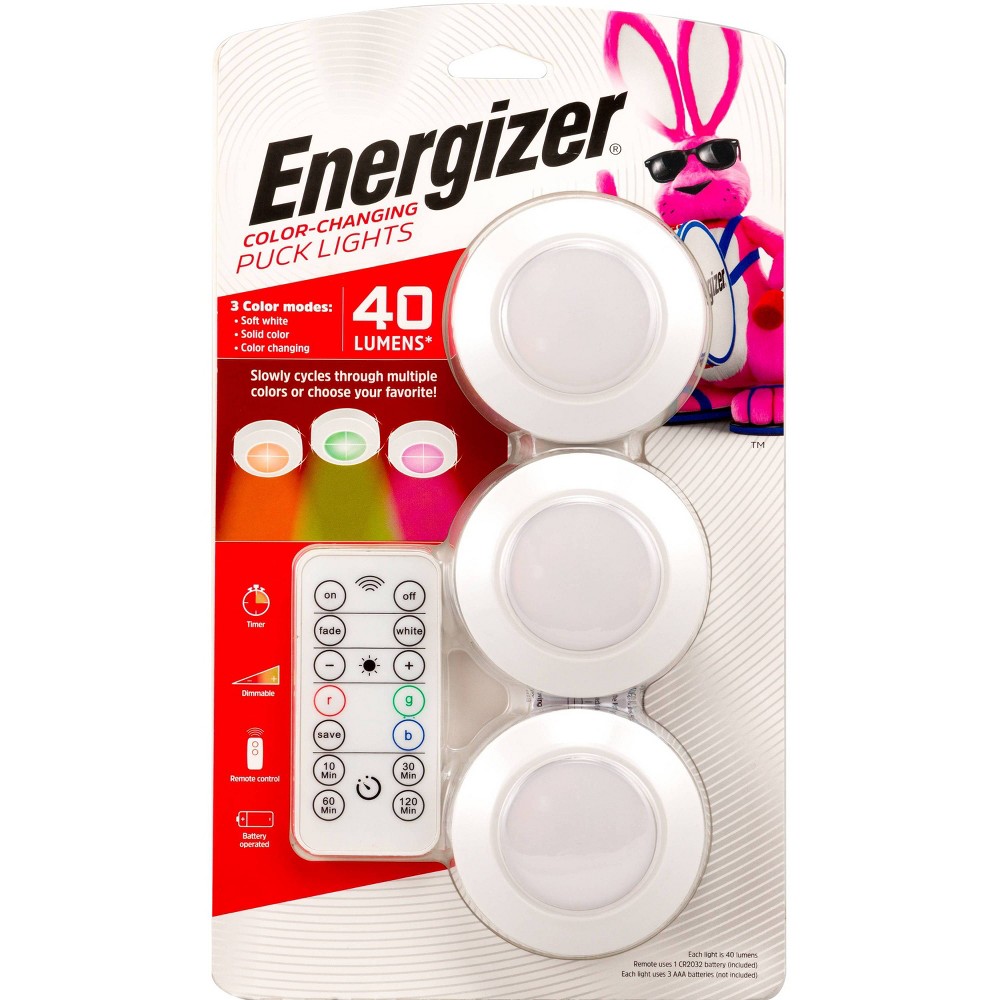 Energizer 3pk 40 Lumen LED Puck Light Wireless Color Changing Cabinet Lights with Remote White: Tap & Closet Light