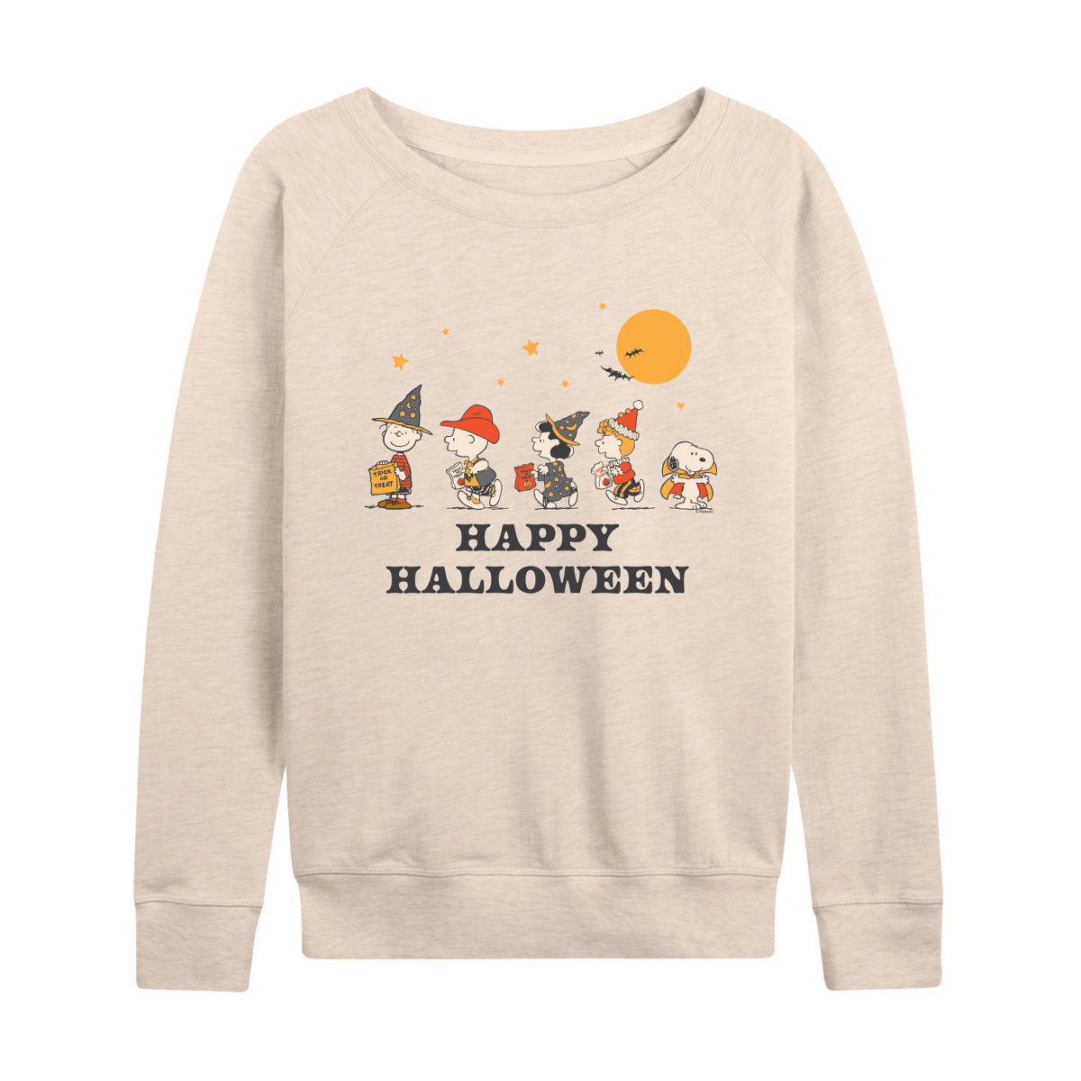 Women's Peanuts Retro Halloween Peanuts Group Lightweight French Terry Wide Neck Long Sleeve Graphic Shirt - Birch - Large