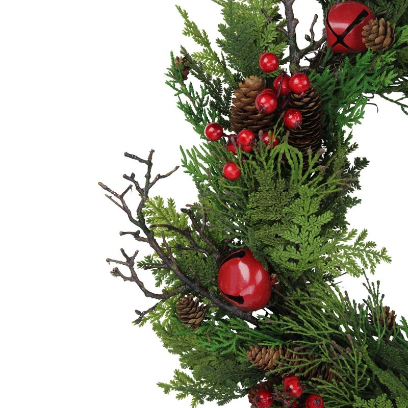 Northlight 24” Unlit Red Jingle Bell, Berry and Pine Cone Artificial Christmas Wreath, 3 of 4