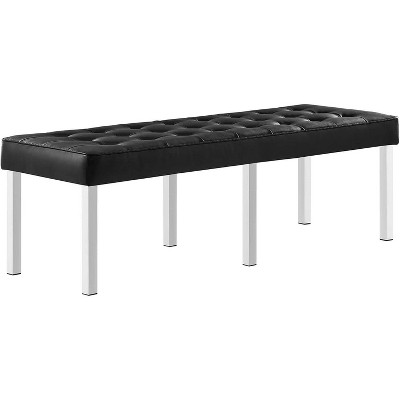 Modway Loft Tufted Large Upholstered Faux Leather Bench Silver Black
