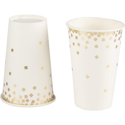 Gold Foil Confetti Design White Disposable Paper Cups, 12 Ounce, 50 Pack