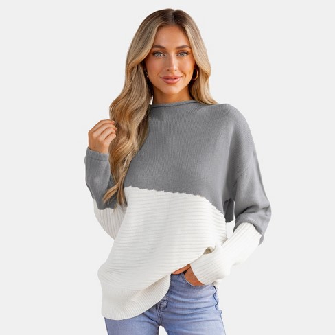 Women's Ribbed Colorblock Mock Neck Sweater - Cupshe-XL-Gray