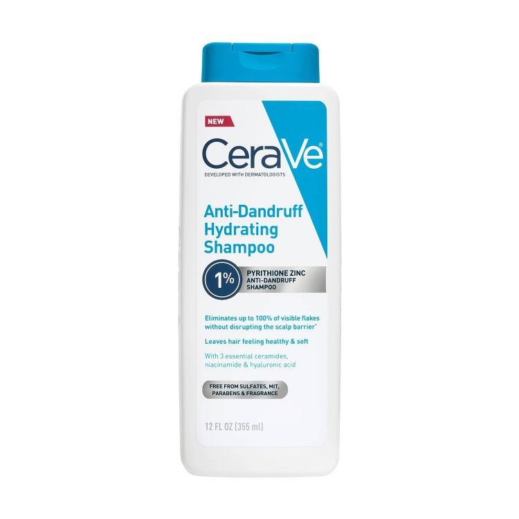 White bottle of CeraVe Anti-Dandruff Hydrating Shampoo with blue cap, labeled as 12 FL OZ (355 mL) and containing 1% pyrithione zinc.