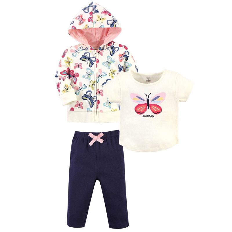 Touched by Nature Baby and Toddler Girl Organic Cotton Hoodie, Bodysuit or Tee Top, and Pant, Bright Butterflies Toddler, 1 of 6
