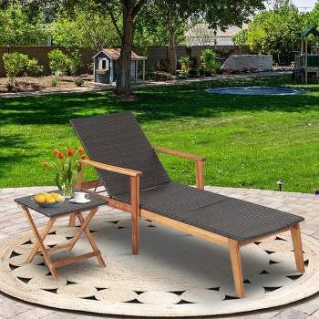 Costway 2PCS Patio Rattan Lounge Chair Chaise Recliner Wood Back Adjust W/Folding Table