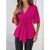 Clearlove Women's Textured Wrap V Neck Ruffle Short Sleeve Ruched Flowy Ruffled Blouse Tie Front Tunic Tops, Black - XL - 2 of 4
