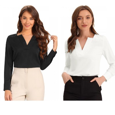 INSPIRE CHIC Women's Elegant Long Sleeve V Neck Work Office Blouse 2 Packs