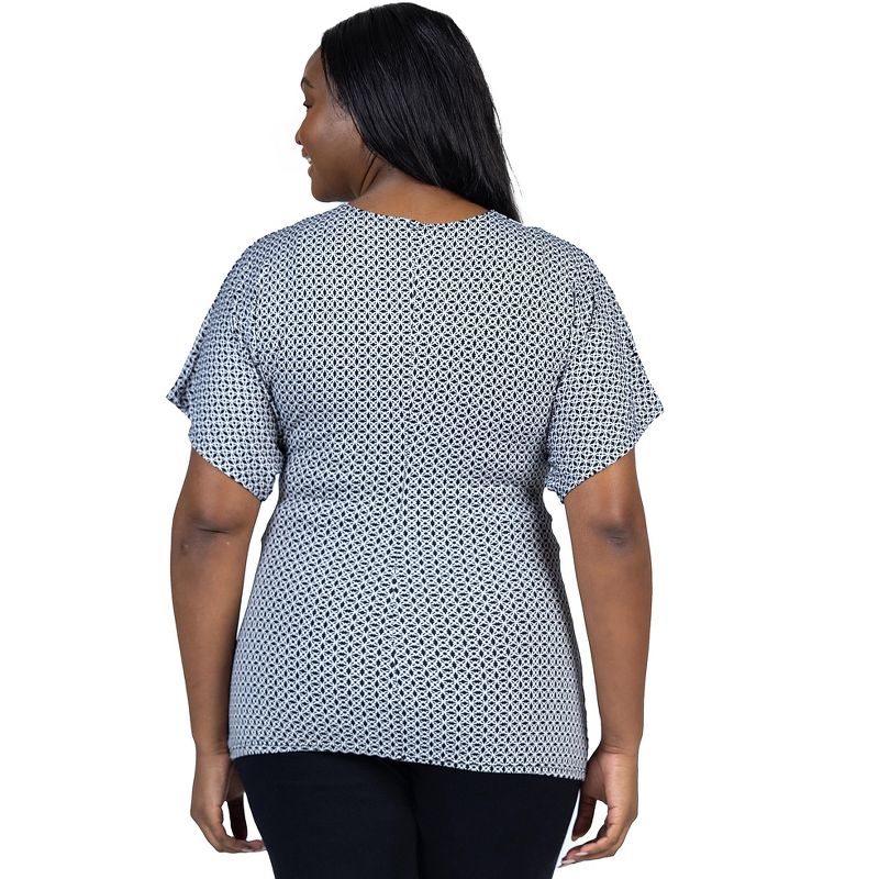 24seven Comfort Apparel Womens Plus Size V Neck Geometric Print Knot Front Sleeve Top, 3 of 7