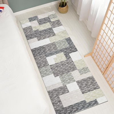 Modern Runner Rug, Geometric Patchwork, Non-Slip, Washable, Low Pile, Hallway, Foldable, Contemporary Carpet, Laundry