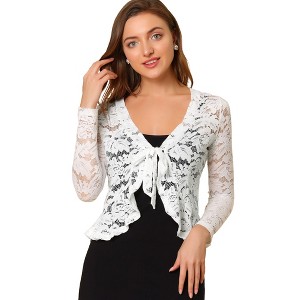 INSPIRE CHIC Women's Tie Front Ruffled Hem Floral Lace Sheer Crop Bolero Shrug - 1 of 4
