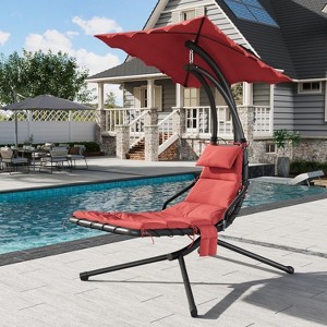 Outdoor Hanging Curved Steel Chaise Lounge Chair Curved Steel Hammock Lounger Chairs Swing with Pillow and Removable Canopy - 1 of 4