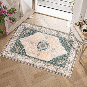 Boho Floral Washable Rug - Faux Lambskin Velvet with Non-Slip Backing for Living Room, Bedroom, Kitchen - 1 of 4