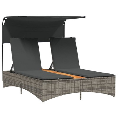 vidaXL Gray Double Sun Lounger with Canopy and Cushions - Modern Poly Rattan Outdoor Patio Recliner with Adjustable Backrest and UV Resistance