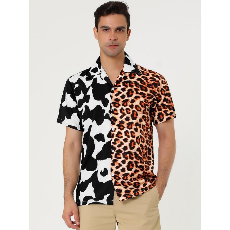 Lars Amadeus Men's Irregular Printed Summer Short Sleeve Button Down Hawaiian Camp Collar Patchwork Shirt, 2 of 7