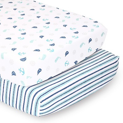 The Peanutshell Fitted Crib Sheet Set for Baby Boys or Baby Girls, Nautical & Stripe, 2-Pack, Green/Blue